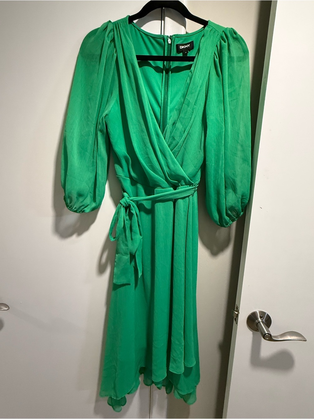 DKNY Bright Green Satin Dress with Black Trim